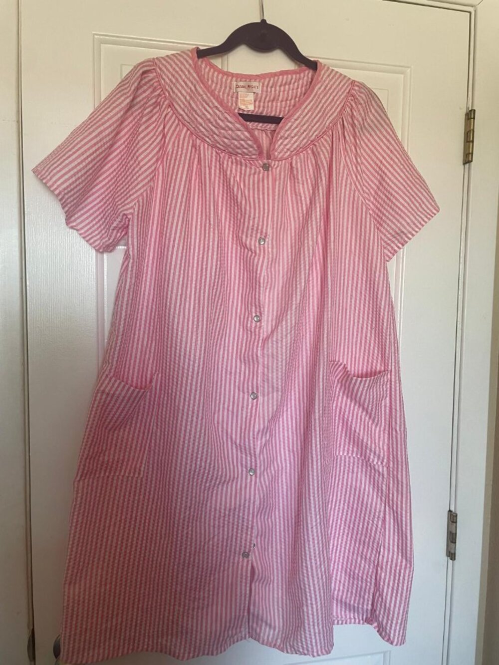 Casual Night Women's Pajama Top, Pink with White Stripes, Size XL.